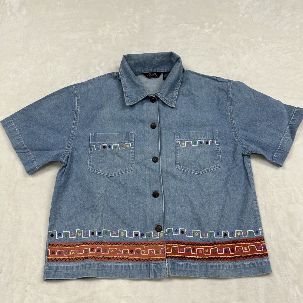 Agapo Denim Button Up Shirt Womens P/L Blue Embroidered Short Sleeve Cotton